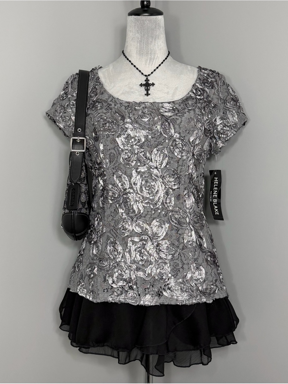 NWT Vintage Helene Blake Silver Embroided Lace + Roses Evening Top